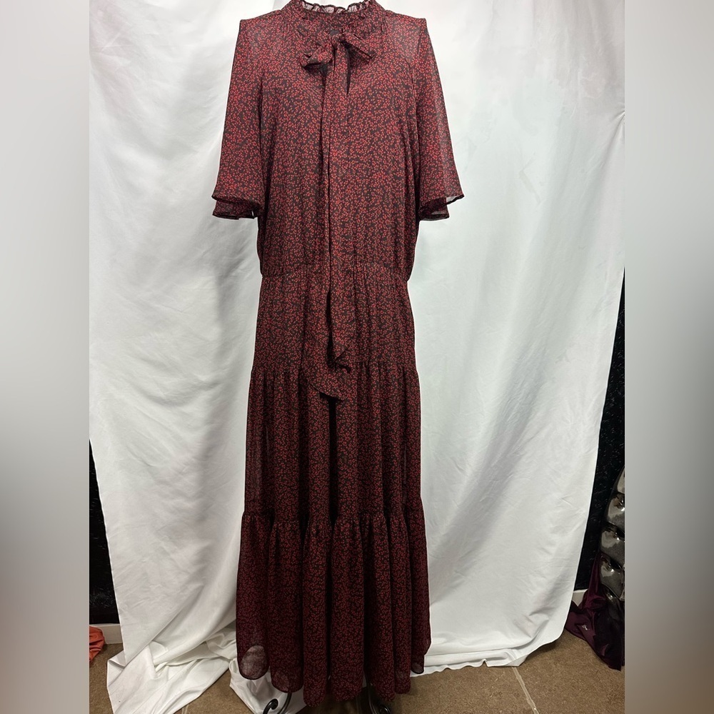 Ralph Lauren black label red ditsy floral print tiered maxi dress size 12